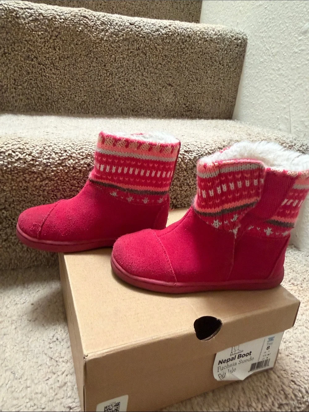 Kids Fuchsia Suede Winter Boots with Knit Cuff